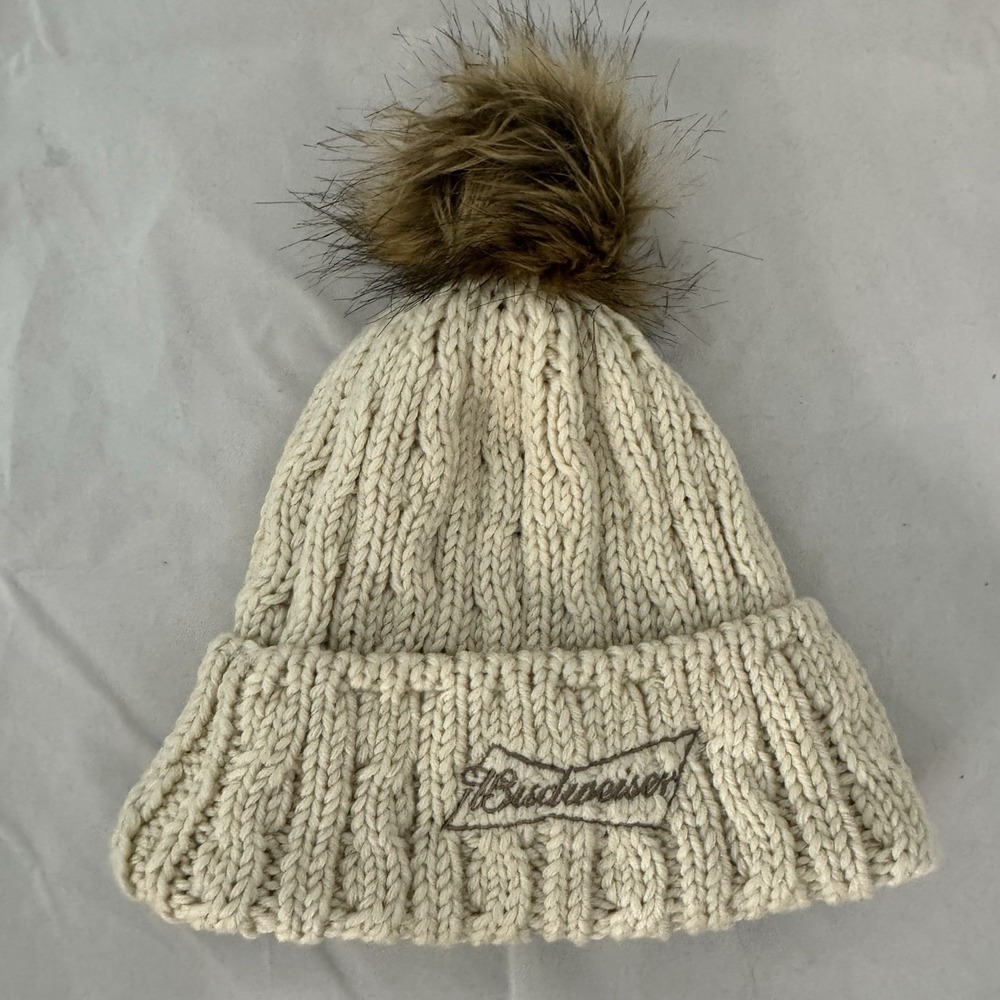 Columbia Budweiser Cable Knit Beanie Hat One Size PomPom Fleece Lined Ski Winter